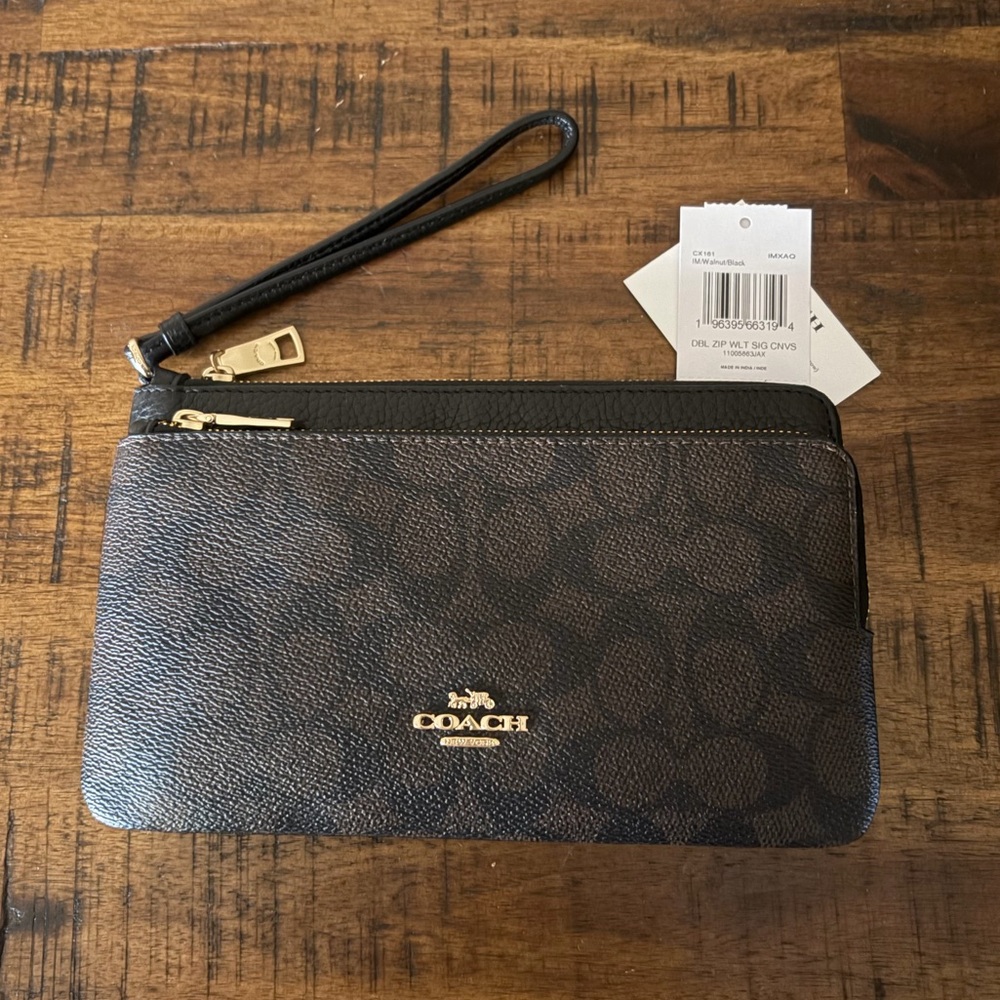 NWT Coach Double Zip Wallet In Walnut Signature Canvas